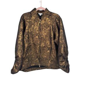 Per Se By Carlisle Jacket Gold brocade Size12  Zipper Front Ruched Sleeves women